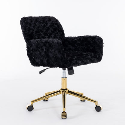 Furniture Office Chair,Artificial rabbit hair Home Office Chair with Golden Metal Base,Adjustable Desk Chair Swivel Office Chair,Vanity Chair(Black)