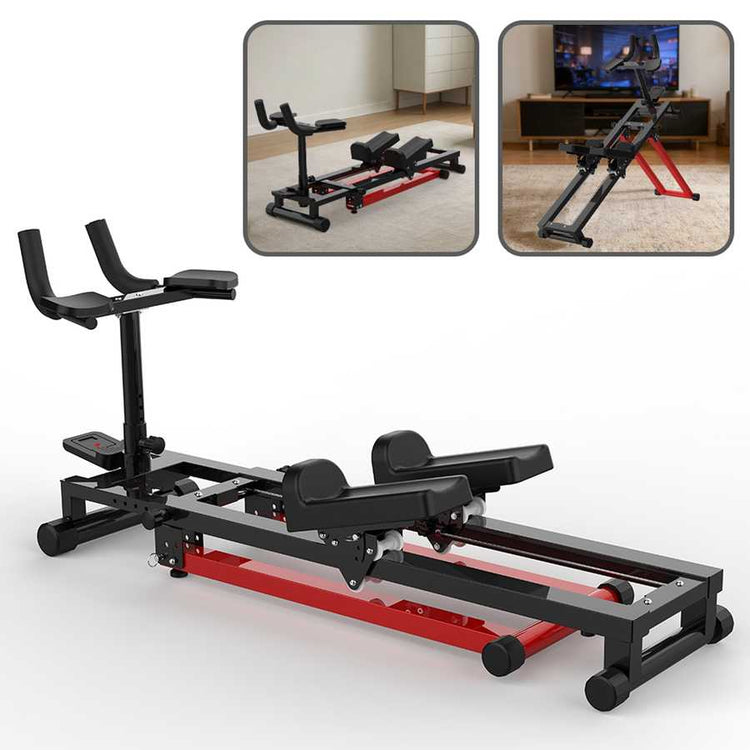 Black and red exercise machine with insets showing usage in a room.