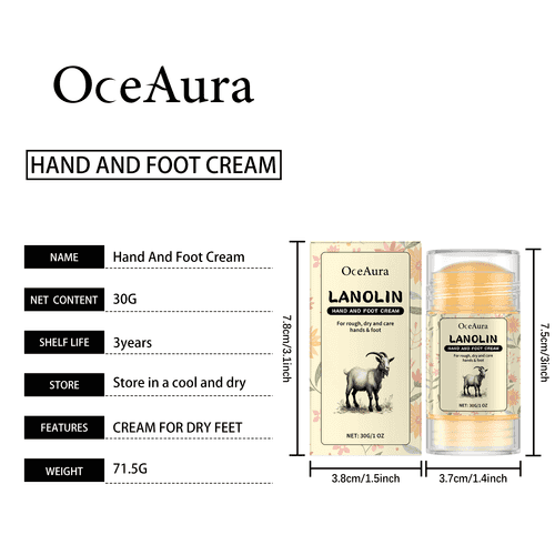OceAura hand and foot cream packaging with product details on a white background