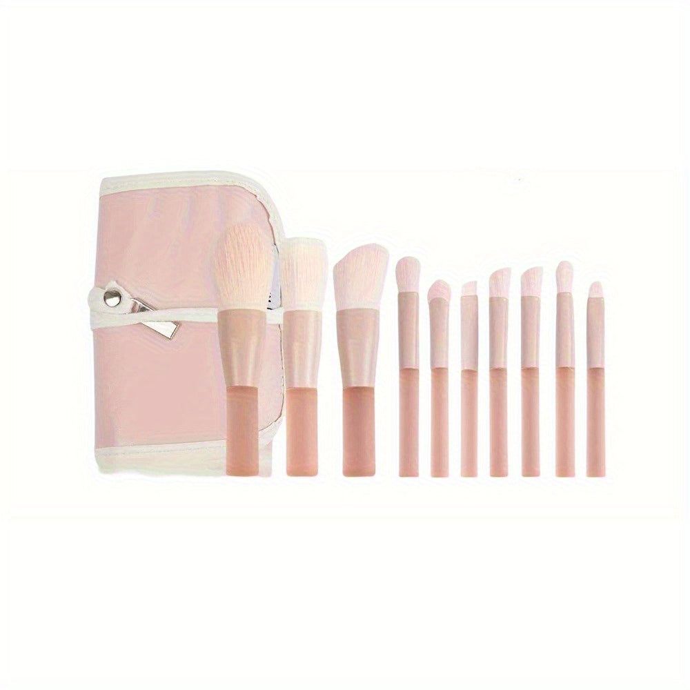 10PC Mini Makeup Brush Set with blush and powder brushes, includes a compact pink carrying bag for easy travel and storage.