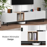 Modern minimalist 80 inch TV stand in white with oak shelving, perfect for stylish living rooms and organized media storage.