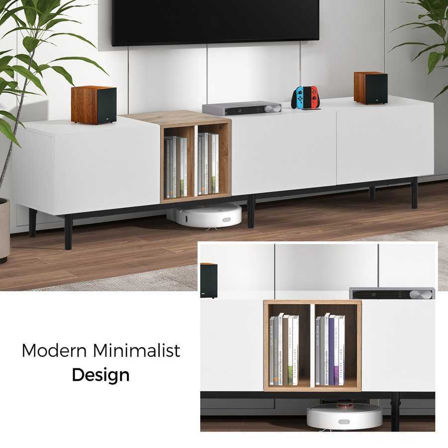 Modern minimalist 80 inch TV stand in white with oak shelving, perfect for stylish living rooms and organized media storage.