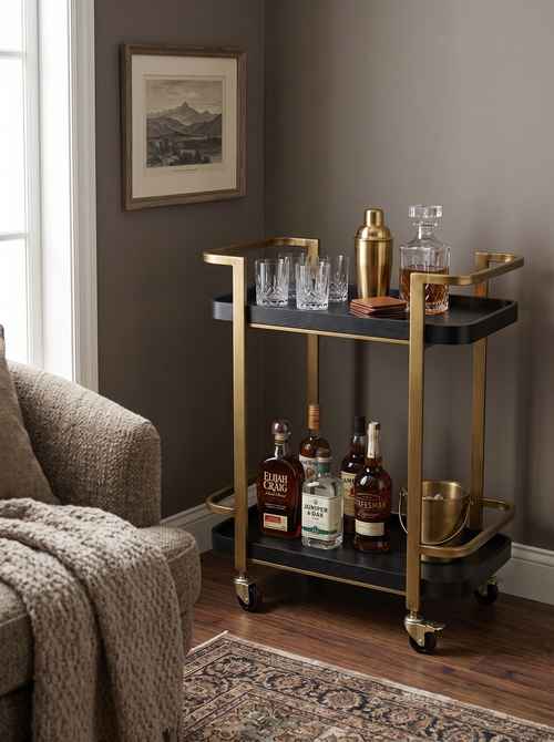 Black and gold metal bar cart with two tiers, gold frame, casters, displaying liquor bottles and glassware in a stylish lounge area