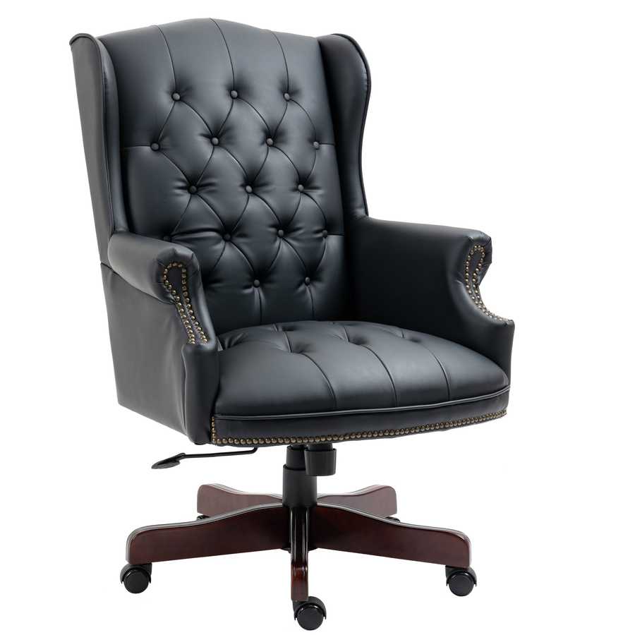 Black leather office chair with tufted backrest on a white background