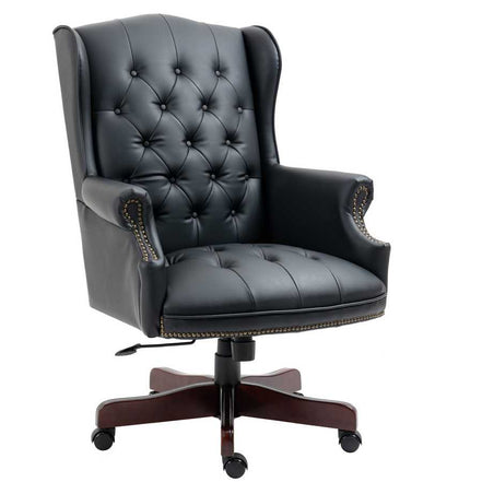 Black leather office chair with tufted backrest on a white background