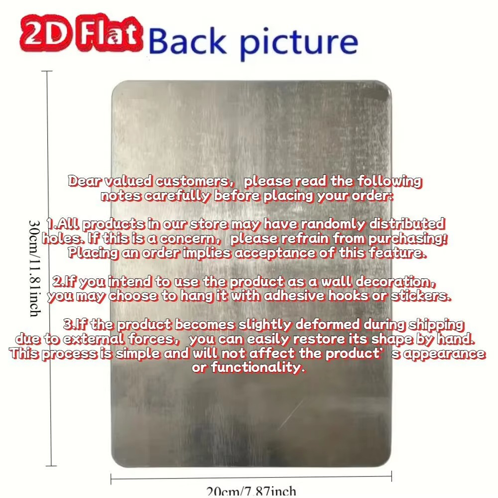 Back view of aluminum wall decor with pre-drilled holes and product care instructions, suitable for easy wall mounting.