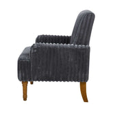 Gray upholstered armchair with wooden legs on a white background