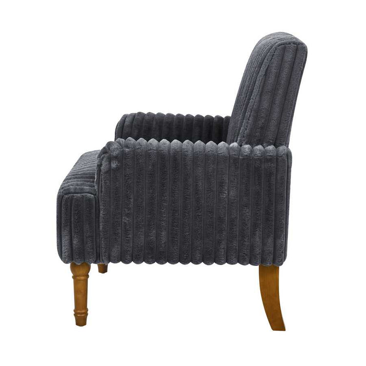Gray upholstered armchair with wooden legs on a white background