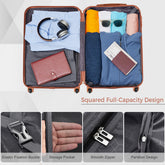 Open suitcase with clothes and accessories, showing a squared full-capacity design.
