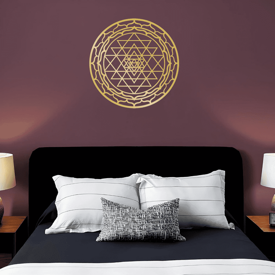 Sacred Mandala Aluminum Wall Art by CIFbuy mounted above a bed with striped pillows. Enhances bedroom decor with spiritual elegance.