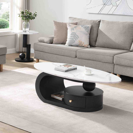 Modern Nesting Coffee Table Set with oval and round tops in white marble finish and black iron base, perfect for elegant living room setups.