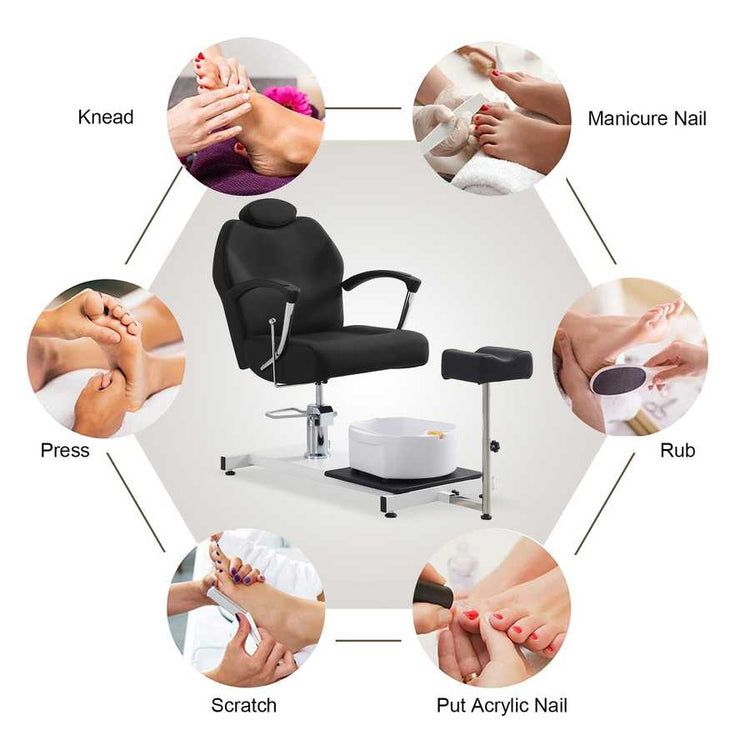 Black pedicure chair with various foot care activities depicted around it.