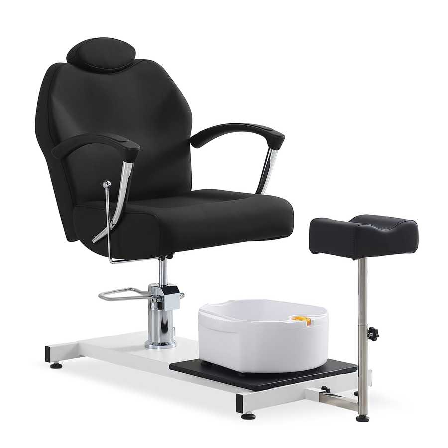 Black salon chair with white basin on a white background