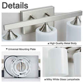 A product detail collage for a three-light wall sconce. The top panel shows the brushed metal bar and wall plate with three white cylindrical glass shades, labeled &
