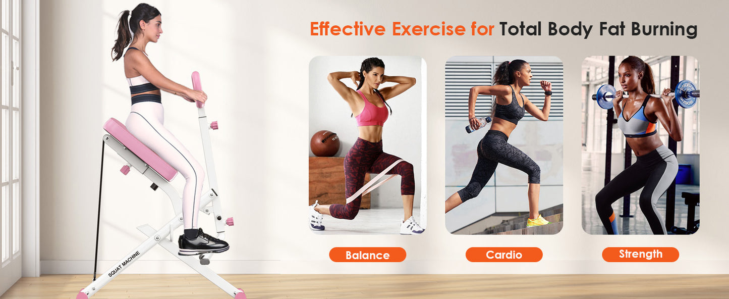 Full-body workout with Foldable Squat Rowing Machine focusing on balance, cardio, and strength training at home.