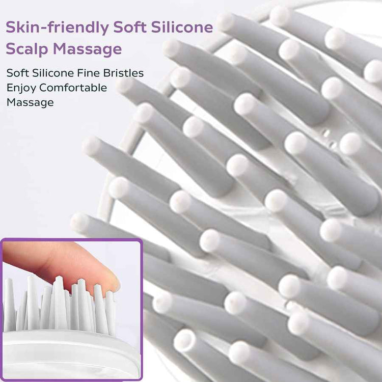 Close-up of soft silicone scalp massage brush with text highlighting features.