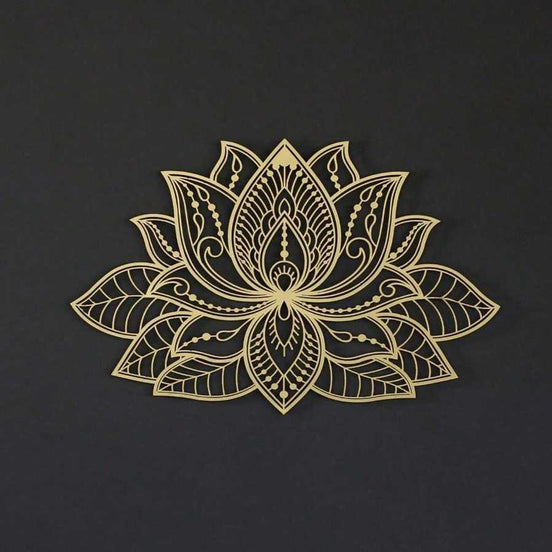 Iron Mandala Wall Art featuring a gold lotus design on a black background. Ideal for zen-style home decor and spiritual interiors.