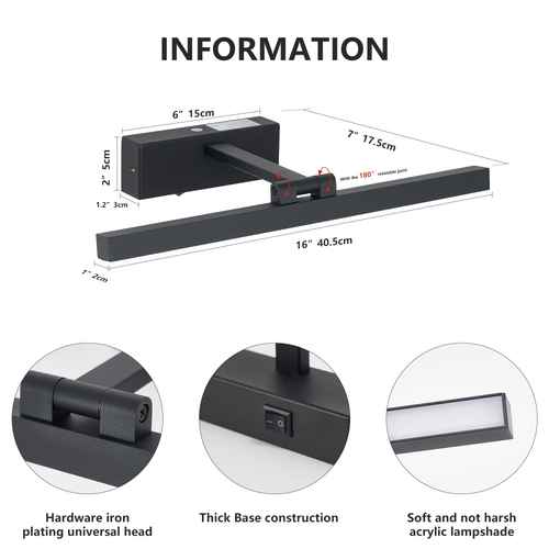Product information diagram for a black wall-mounted LED light bar with dimension labels and three circular detail callouts on a white background.