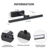 Product information diagram for a black wall-mounted LED light bar with dimension labels and three circular detail callouts on a white background.