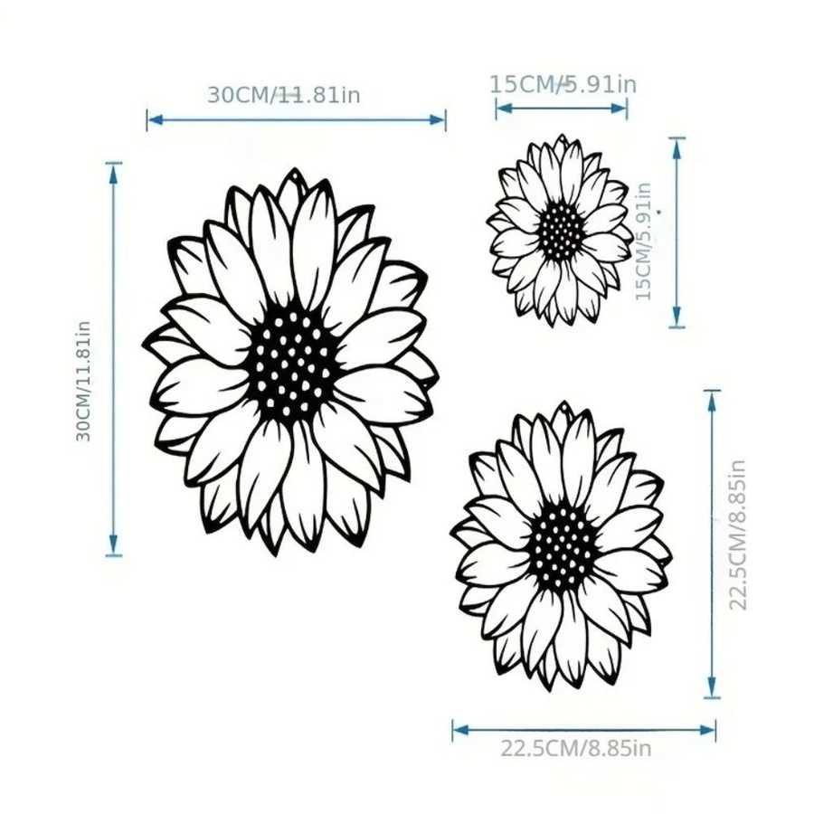 Size chart for elegant metal wall art set of 3 sunflowers. Includes dimensions for each floral piece to guide home decoration placement.