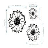 Size chart for elegant metal wall art set of 3 sunflowers. Includes dimensions for each floral piece to guide home decoration placement.
