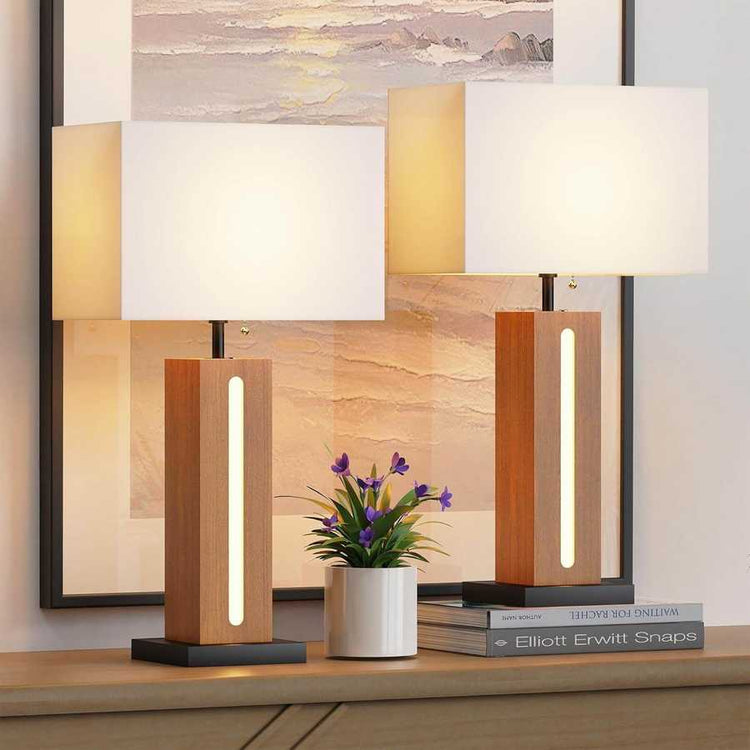Table Lamps Set Of 2, Modern Dimmable Bedside Lamp With LED Nightlight, Rustic Farmhouse Square Wood Grain Nightstand Lamps With Linen Shades For Living Room Bedroom End Table Default