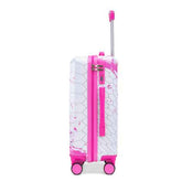 Pink printed spinner luggage with geometric pattern, four wheels, telescoping handle, zipper closure, and combination lock for travel