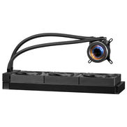 Computer cooling system with multiple fans and a LED light on a white background