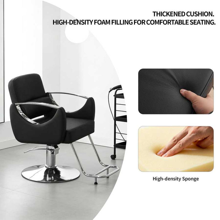 Black salon chair with high-density foam filling features on a white background