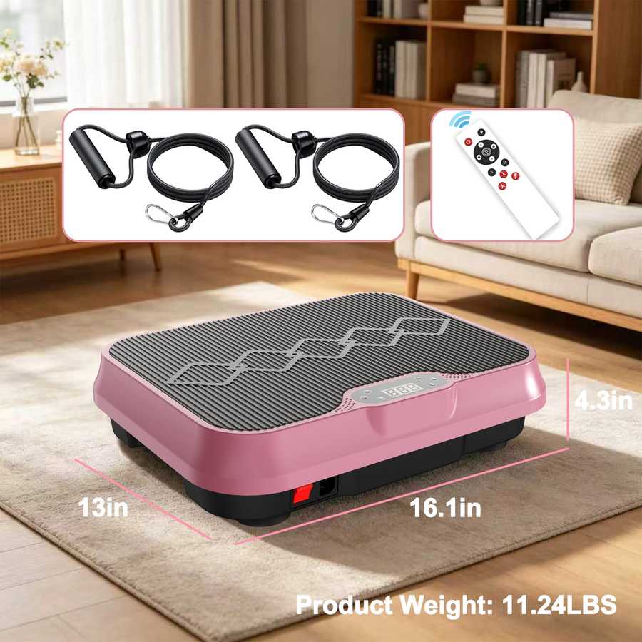 Pink vibration plate with remote control and resistance bands in a living room setting