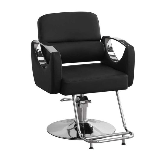Black salon chair with chrome accents on a white background