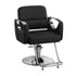 Black salon chair with chrome accents on a white background