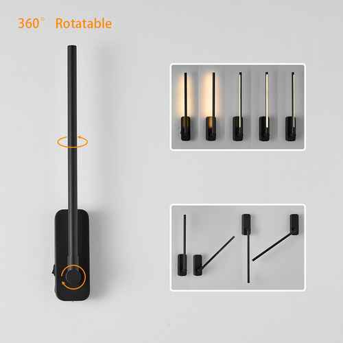 Black 360-degree rotatable device with inset images showing its functionality on a gray background.