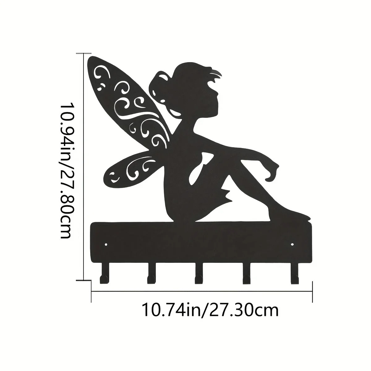 Dimensions of fantasy wall hook key holder with fairy silhouette, measuring 10.94in x 10.74in. Iron design with five hooks for storage.