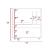 A dimension diagram of a rolling storage cabinet or utility cart, showing front and side measurements in centimeters and inches with red lines and text on a white background.