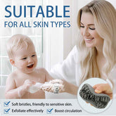 Woman washing a baby with a brush, suitable for all skin types, with text highlighting features.