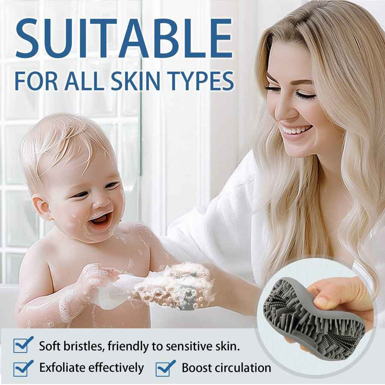 Woman washing a baby with a brush, suitable for all skin types, with text highlighting features.
