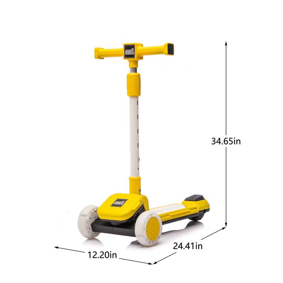 Yellow kids' scooter with buildable blocks and dimensions