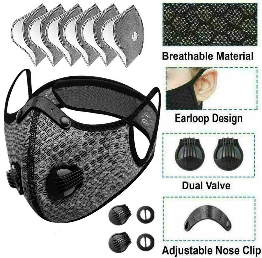 Black mesh face mask with features highlighted on a white background
