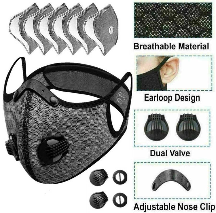 Black mesh face mask with features highlighted on a white background