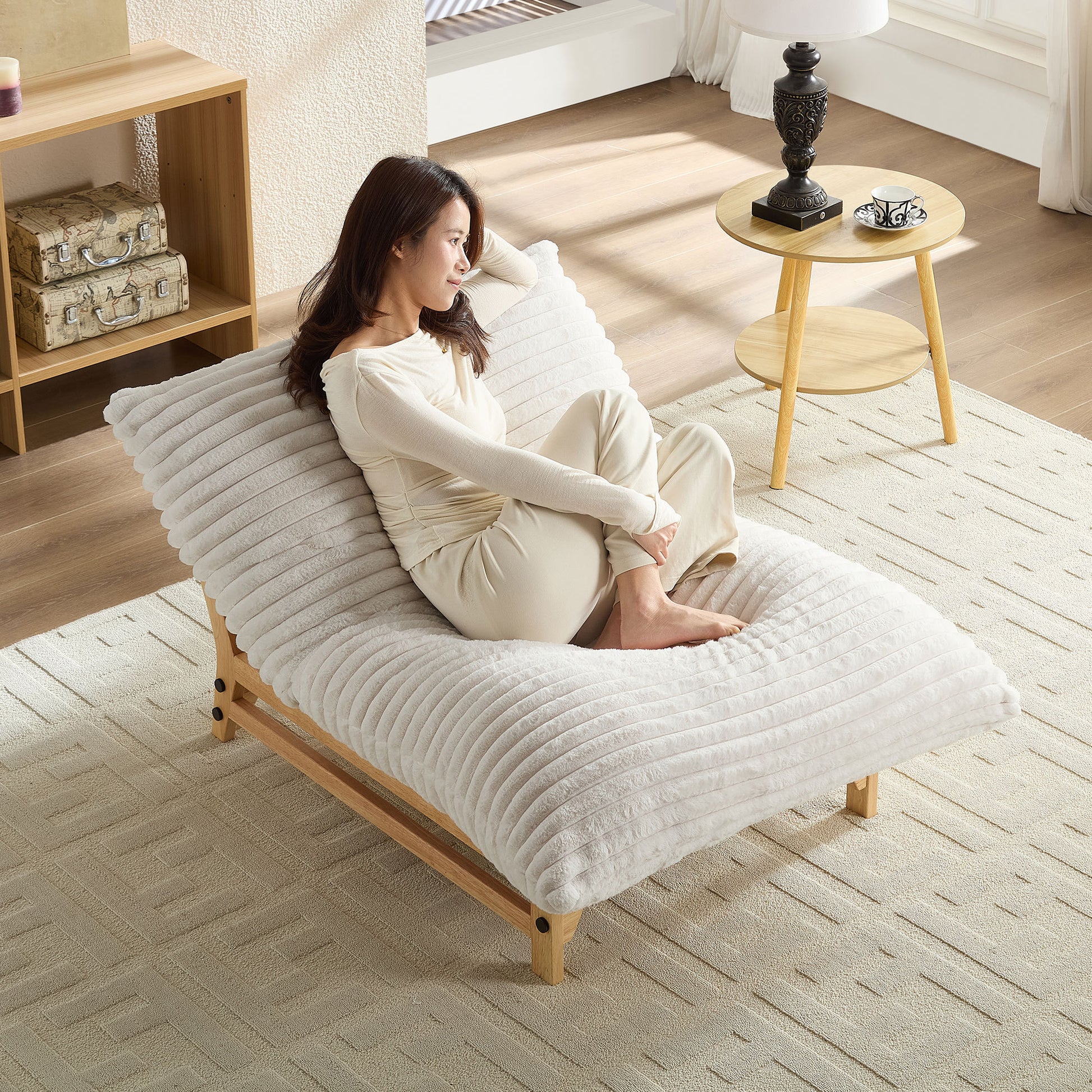 Accent Armless Lazy Sofa, Casual Single Sofa, Corduroy Fabric, For Living Room And Bedroom , With Backrest, Single Seat, OFF-WHITE