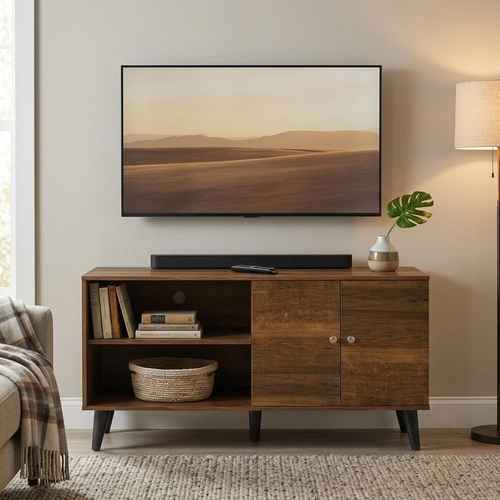 Close-up of the wooden TV stand&