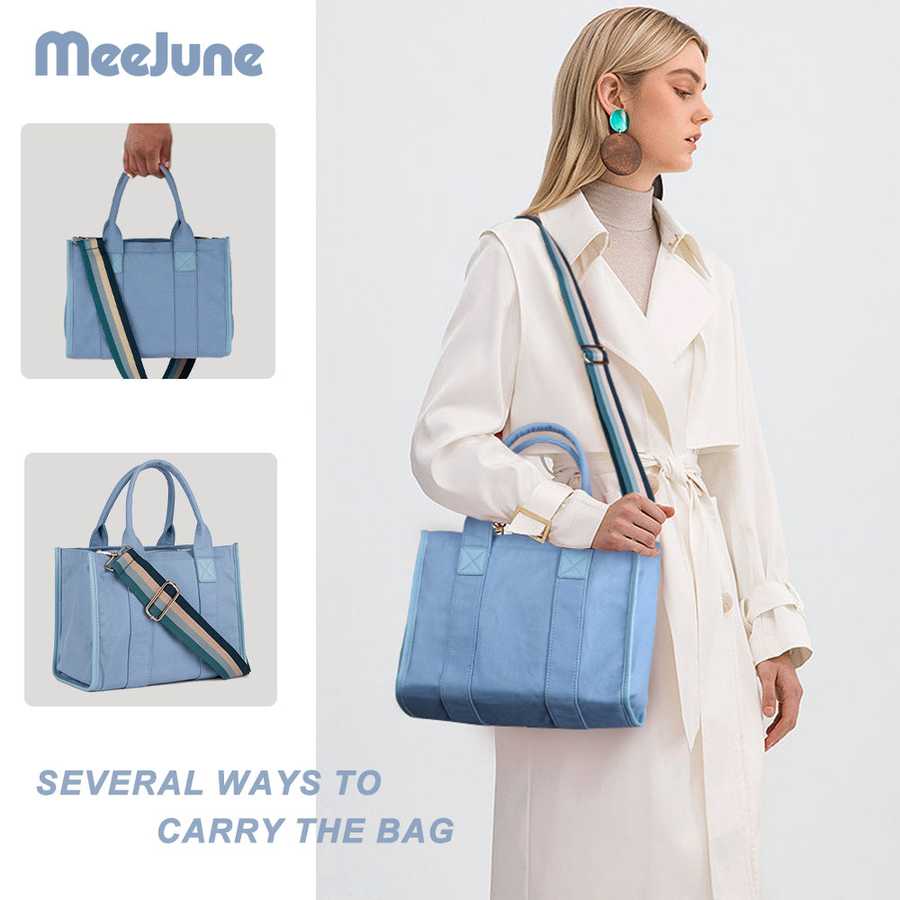 Woman holding a blue bag with MeeJune branding, showing different carrying methods.