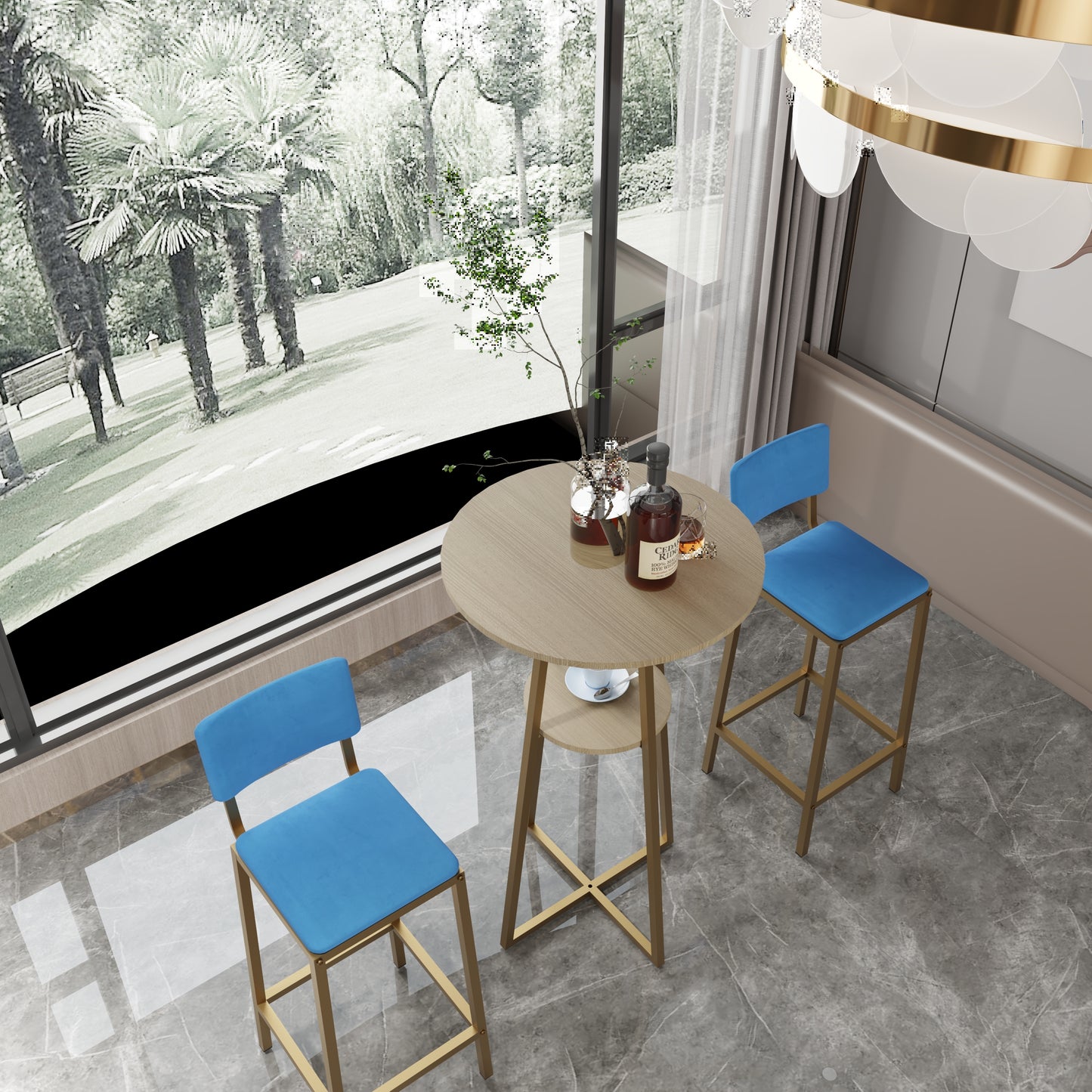 Top view of Bar Table and Chairs Set with gold frame and blue cushions, showcasing a round tabletop and lower shelf for storage.