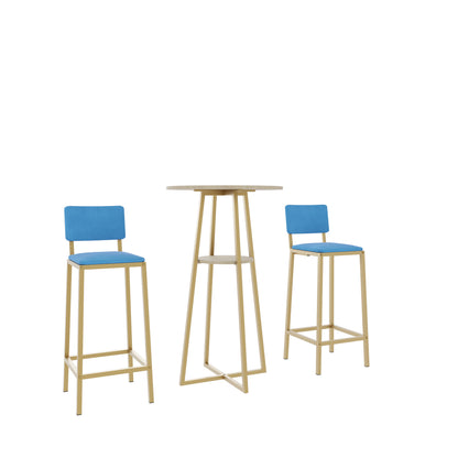 Bar Table and Chairs Set - Gold Frame, Storage Function | Dining Set for 2 with sleek design and under-table shelf.