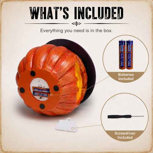 Pumpkin-shaped string light shown on a spool with included accessories: two batteries and a screwdriver, under a &