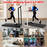 Treadmill with incline feature, digital display, and a woman jogging in a living room setting