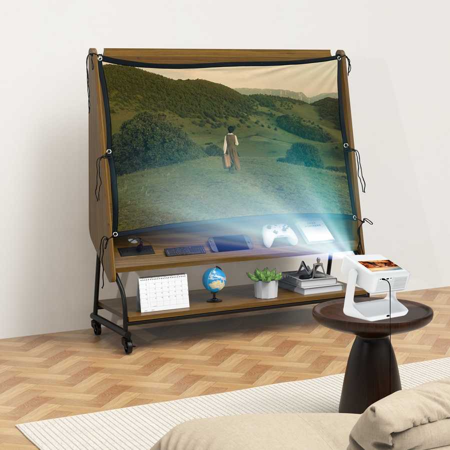 Entertainment Center TV stand with pull-down projector screen, gaming console storage, and adjustable mount for home theater setup.