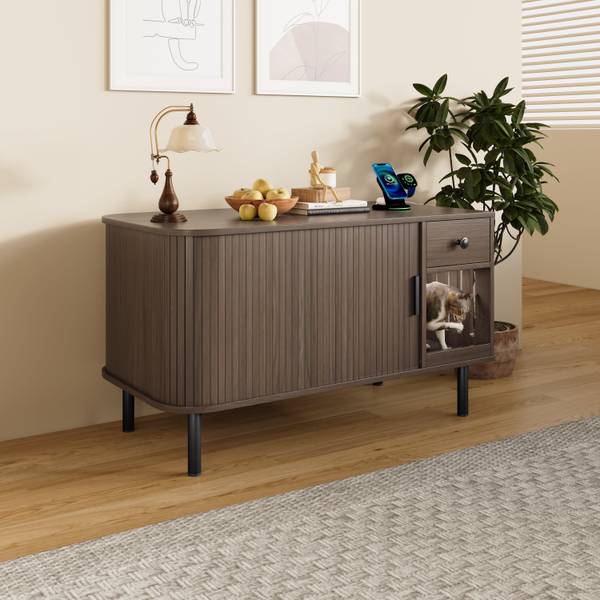 Cat litter box enclosure styled in a modern living room, featuring storage drawer, sliding door, and charging station.