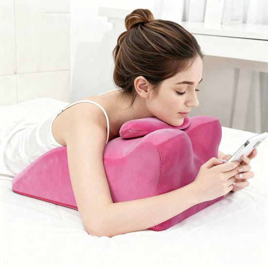 Woman using pink ergonomic memory foam posture support pillow while lying on bed, offering versatile comfort for reading or phone use.